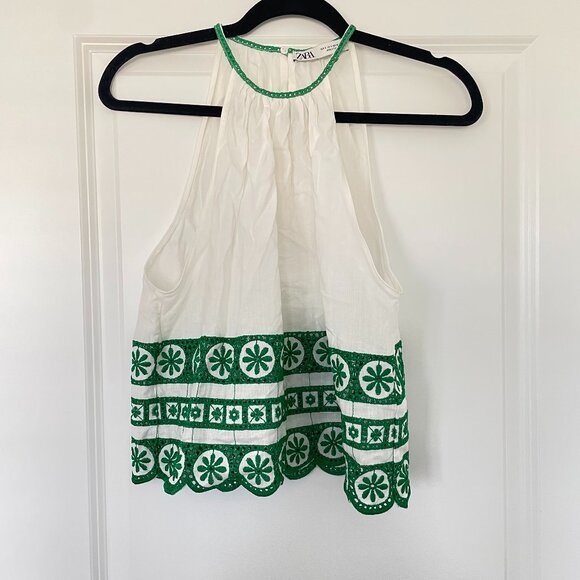 Zara White & Green Embroidered Halter Top – Women’s Size Small Boho Style - Picture 2 of 11